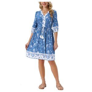 Chic Womens Size S Blue Floral Boho Dress Pockets & Drawstring Tassel Tie